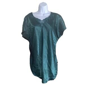 VTG Dentelle Women M Satin Green Romantic Lace Front Blouse Gown Embroidery USA